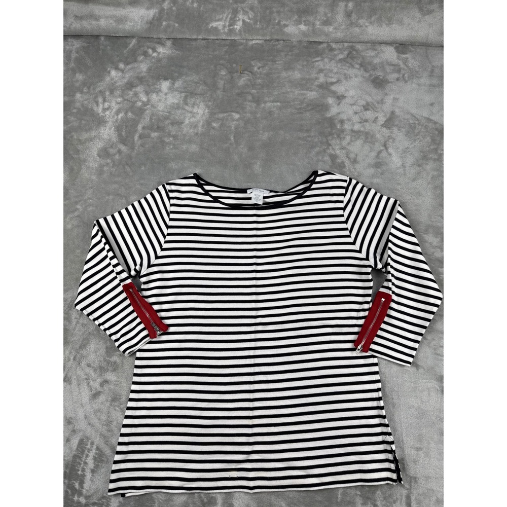 Joan Vass Womens Black White Striped Cotton Top Red Zipper‎ Sleeve 2P Petite